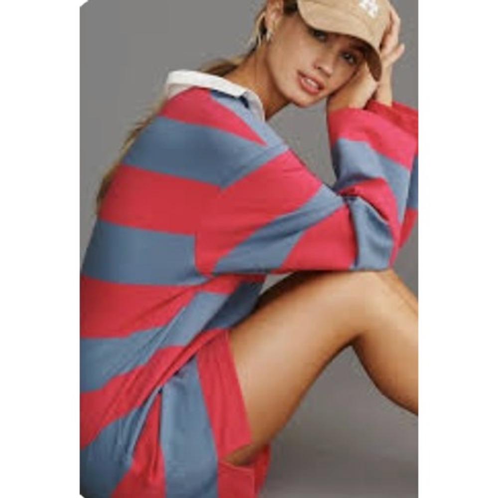 Anthropologie Dolan Rugby shirt sz M pink/grey striped long sleeve OO